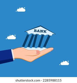 Hands holding crumbling banks. Help a bank that is falling. concept of finance and investment vector