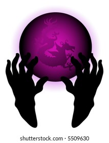 Hands holding crystal ball with dragon.