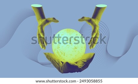 Hands holding crystal ball fortune telling collage art. Abstract concept of prophecy and prediction of future illustration