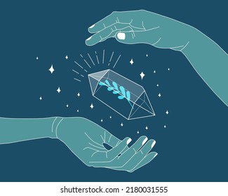 Hands Holding Crystal Gem Outline Illustration. Magic Crystal Concept. Modern Vector Illustration. Transparent Line Art Gem With Stars And Leaf. Minimalistic Design For Web.