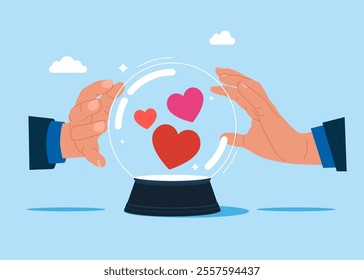 Hands holding a crystal magic ball with heart shapes inside. Open for new relationship, heal heart broken or divorce and relationship problem. Flat vector illustration