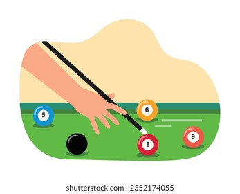 Hands holding cue playing billiard in city sport club, pool ball game on table at night. Character design. Vector flat illustration