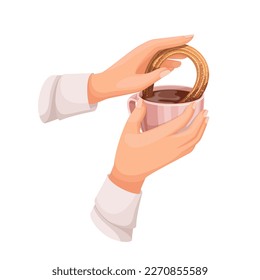 Hands holding cup with chocolate sauce and churro to eat vector illustration. Cartoon isolated hands of person eating churro sprinkled with sugar powder, happy sweet food and snack on breakfast