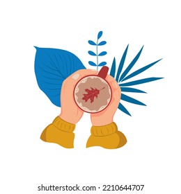 Hands holding cup of coffee with autumn leaves isolated from background. Autumn cozy concept.  Vector illustration