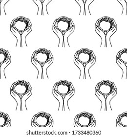 Hands holding a cup of coffee or cocoa hand-drawn. Vector seamless doodle pattern on white background. Design for textile, print.