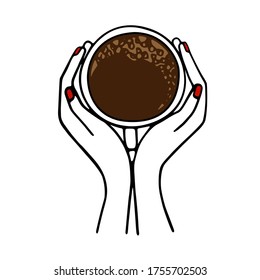 Hands holding a cup of coffee or cocoa hand-drawn. Vector illustration in doodle style black outline with red and brown elements on a white background