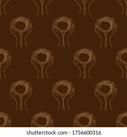 Hands holding a cup of coffee or cocoa hand-drawn. Vector seamless doodle pattern on brown background. Design for textile, wrapping, print