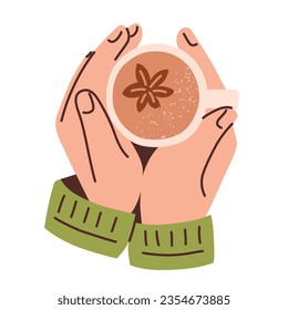 Manos sosteniendo la taza de café, concepto acogedor de otoño, latte con icono del anís estrellado, doodle vectorial ilustración de la bebida de chocolate para el humor de otoño, café caliente para el clima frío, clíparte de color aislado