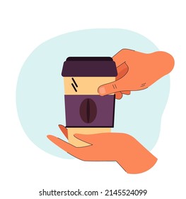Hands holding cup of coffee to go flat vector illustration. Person using reusable mug for hot beverages. Drinks, morning, break concept for banner, website design or landing web page