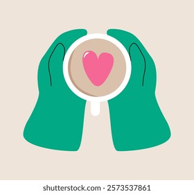 Hands holding cup coffee with heart shape symbol. Colorful vector illustration

