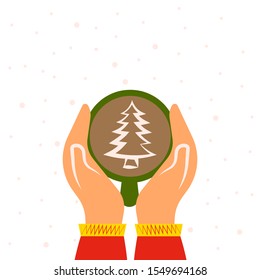 Hands holding a cup of coffee or hot chocolate with pine tree pattern. Flat cartoon style vector illustration