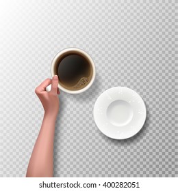hands holding cup of coffee isolated on white or transparent  background . coffee break. workspace. white plate with flowers ornament