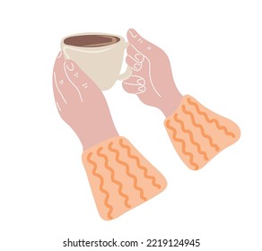 Hands holding cup of coffee. Coffee lover, coffee break concept. Hand drawn vector illustration