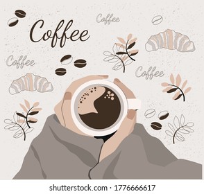 Hands holding a Cup of coffee on a textured background. Vector illustration, element for design of promotional posters, menus. There is a break and human hands with a Cup of hot coffee.
