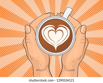 Hands holding cup of coffee. Pop Art vintage vector illustration