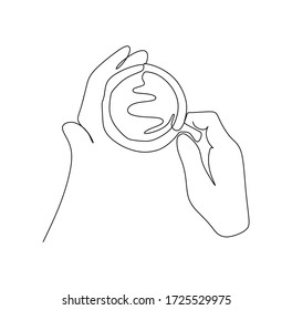Hands holding a cup of coffee seen from above - Continuous single line drawing vector 