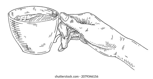 Hands holding cup of coffee. Side view. Vintage vector black engraving illustration isolated on white background