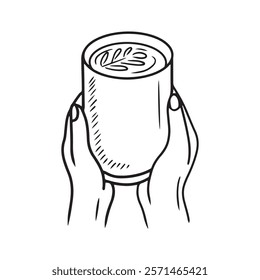 Hands holding cup of coffee, with steam in black isolated on white background. Hand drawn vector sketch illustration in doodle engraved vintage line art style. Cafe, ready to go, take and go