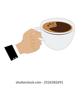 Hands holding cup of coffee or tea, vector illustration, Hands with cups. Cartoon hand holding coffee cup, mug with hot drink and teacup.