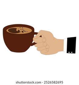 Hands holding cup of coffee or tea, vector illustration, Hands with cups. Cartoon hand holding coffee cup, mug with hot drink and teacup.