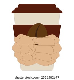 Hands holding cup of coffee or tea, vector illustration, Hands with cups. Cartoon hand holding coffee cup, mug with hot drink and teacup.