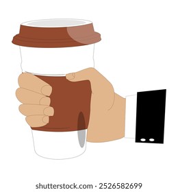 Hands holding cup of coffee or tea, vector illustration, Hands with cups. Cartoon hand holding coffee cup, mug with hot drink and teacup.