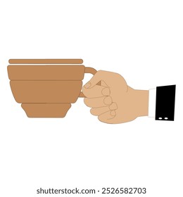 Hands holding cup of coffee or tea, vector illustration, Hands with cups. Cartoon hand holding coffee cup, mug with hot drink and teacup.