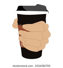 Hands holding cup of coffee or tea, vector illustration, Hands with cups. Cartoon hand holding coffee cup, mug with hot drink and teacup.