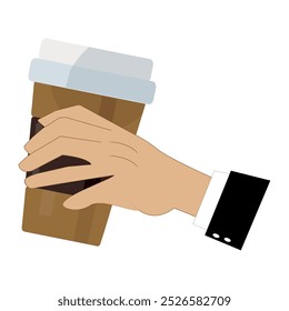 Hands holding cup of coffee or tea, vector illustration, Hands with cups. Cartoon hand holding coffee cup, mug with hot drink and teacup.