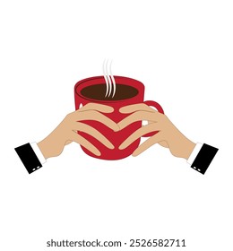 Hands holding cup of coffee or tea, vector illustration, Hands with cups. Cartoon hand holding coffee cup, mug with hot drink and teacup.