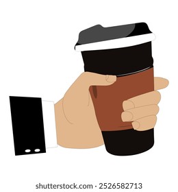 Hands holding cup of coffee or tea, vector illustration, Hands with cups. Cartoon hand holding coffee cup, mug with hot drink and teacup.