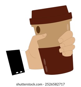 Hands holding cup of coffee or tea, vector illustration, Hands with cups. Cartoon hand holding coffee cup, mug with hot drink and teacup.