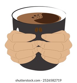 Hands holding cup of coffee or tea, vector illustration, Hands with cups. Cartoon hand holding coffee cup, mug with hot drink and teacup.