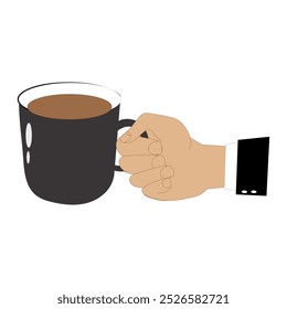 Hands holding cup of coffee or tea, vector illustration, Hands with cups. Cartoon hand holding coffee cup, mug with hot drink and teacup.