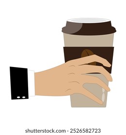 Hands holding cup of coffee or tea, vector illustration, Hands with cups. Cartoon hand holding coffee cup, mug with hot drink and teacup.