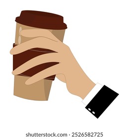 Hands holding cup of coffee or tea, vector illustration, Hands with cups. Cartoon hand holding coffee cup, mug with hot drink and teacup.