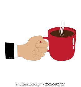 Hands holding cup of coffee or tea, vector illustration, Hands with cups. Cartoon hand holding coffee cup, mug with hot drink and teacup.