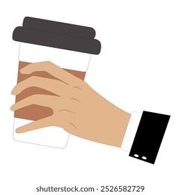 Hands holding cup of coffee or tea, vector illustration, Hands with cups. Cartoon hand holding coffee cup, mug with hot drink and teacup.