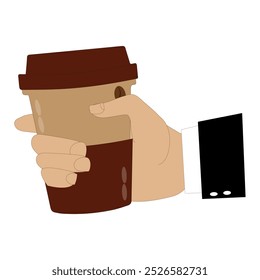 Hands holding cup of coffee or tea, vector illustration, Hands with cups. Cartoon hand holding coffee cup, mug with hot drink and teacup.