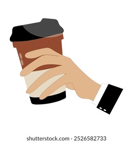 Hands holding cup of coffee or tea, vector illustration, Hands with cups. Cartoon hand holding coffee cup, mug with hot drink and teacup.