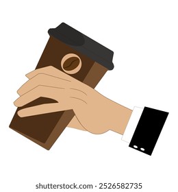 Hands holding cup of coffee or tea, vector illustration, Hands with cups. Cartoon hand holding coffee cup, mug with hot drink and teacup.