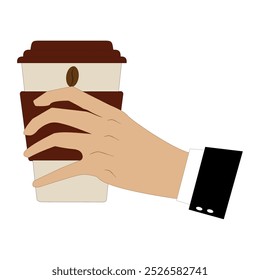 Hands holding cup of coffee or tea, vector illustration, Hands with cups. Cartoon hand holding coffee cup, mug with hot drink and teacup.