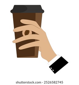 Hands holding cup of coffee or tea, vector illustration, Hands with cups. Cartoon hand holding coffee cup, mug with hot drink and teacup.