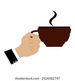 Hands holding cup of coffee or tea, vector illustration, Hands with cups. Cartoon hand holding coffee cup, mug with hot drink and teacup.