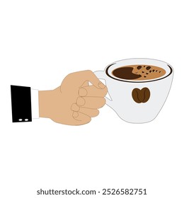 Hands holding cup of coffee or tea, vector illustration, Hands with cups. Cartoon hand holding coffee cup, mug with hot drink and teacup.