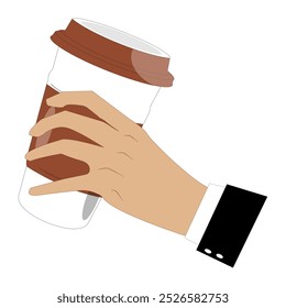 Hands holding cup of coffee or tea, vector illustration, Hands with cups. Cartoon hand holding coffee cup, mug with hot drink and teacup.