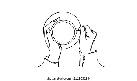 Hands holding cup coffee top view one line vector illustartion