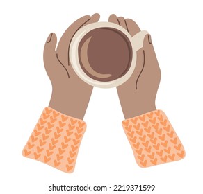 Hands holding cup of coffee. Top view. Coffee lover, coffee break concept. Hand drawn vector illustration