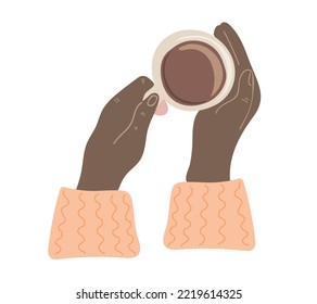 Hands holding cup of coffee. Top view. Coffee lover, coffee break concept. Hand drawn vector illustration