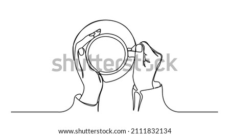 Hands holding cup of coffee top view one line vector illustartion